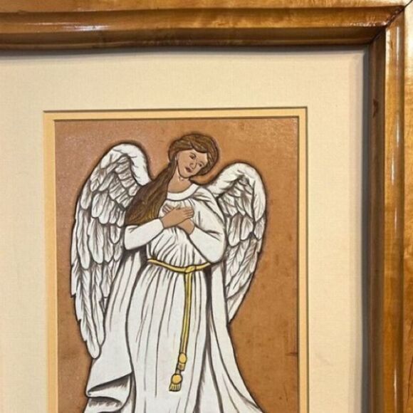Embossed Hand Carved Leather Angel In Hand hewn Wooden Frame Art Picture 18.75” - Picture 1 of 6